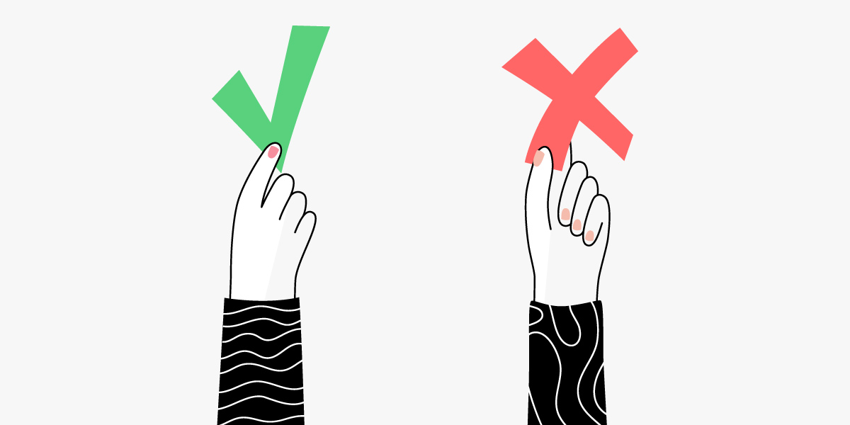 Hand holding a green check and hand holding a red X illustrating faster decision cycles.